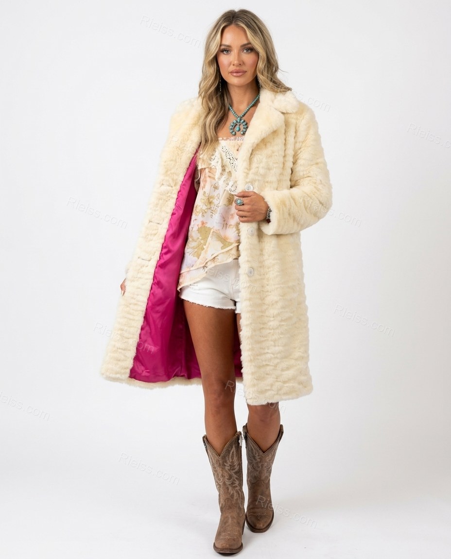 Cream Faux-Fur Coat, front studio view, by Rieiss