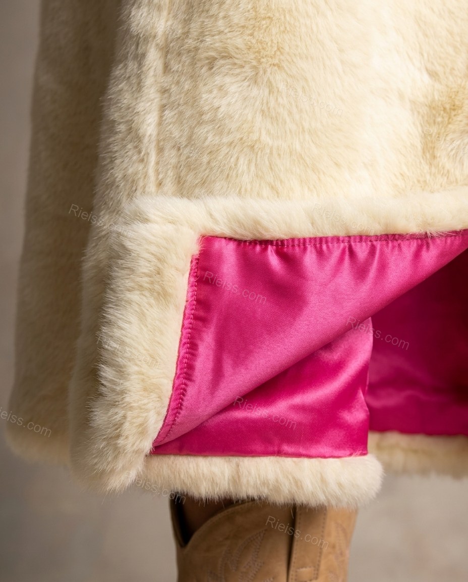 Cream Faux-Fur Coat, close-up of pink accents, contrasting lining and notched lapel, by Rieiss