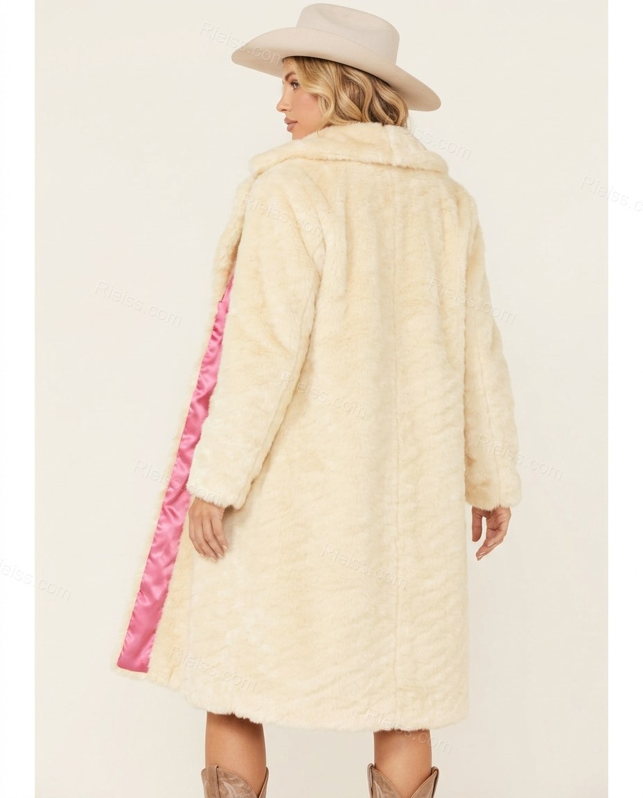 Cream Faux-Fur Coat, back studio view showing plain back with consistent faux fur texture, by Rieiss