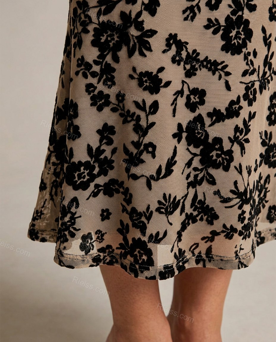Beige Floral Midi Open-Back Dress, close-up of floral, by Rieiss