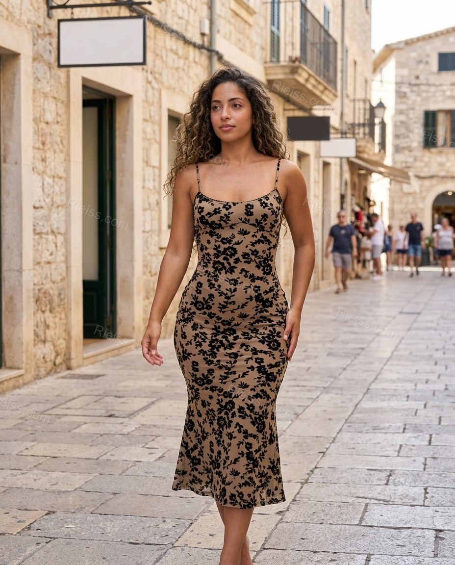 Beige Floral Midi Open-Back Dress, movement and fit lifestyle view, by Rieiss