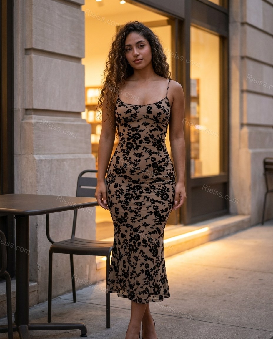 Beige Floral Midi Open-Back Dress, three-quarter brand lifestyle view, by Rieiss