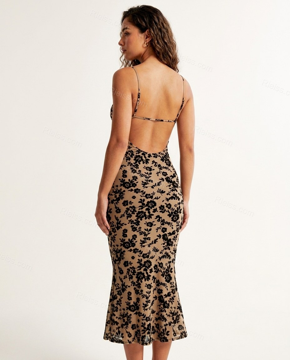 Beige Floral Midi Open-Back Dress, back studio view showing open back with low-cut rear bodice, by Rieiss