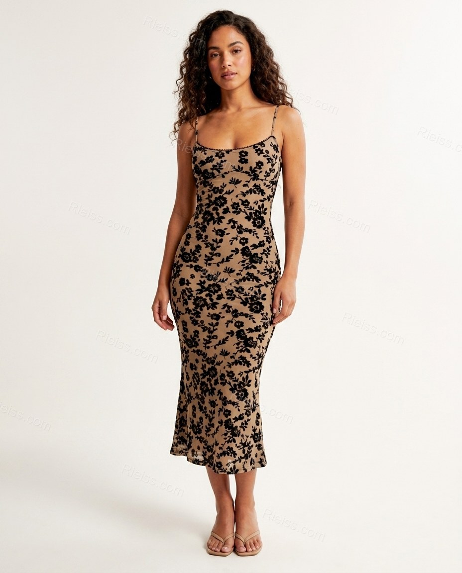 Beige Floral Midi Open-Back Dress, front studio view, by Rieiss