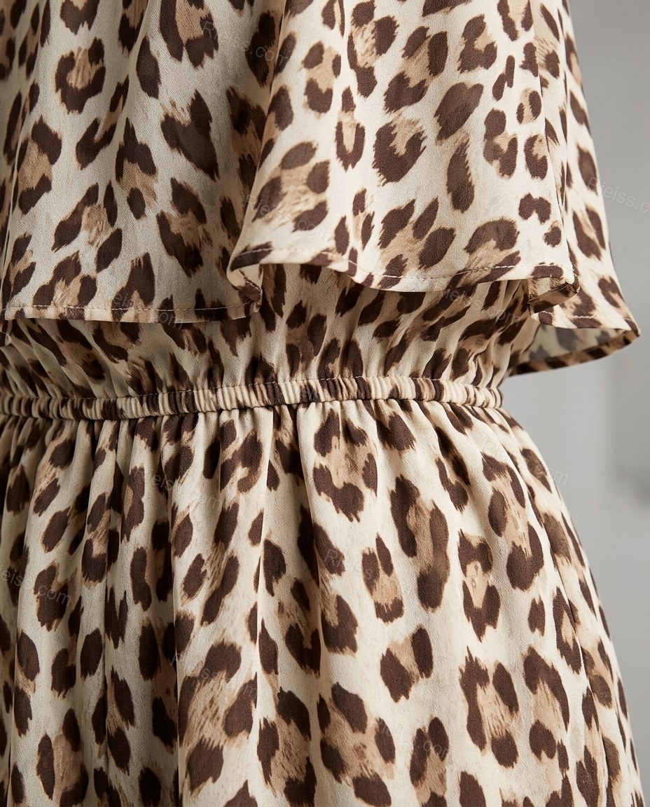 Cream Animal Print Halter Tiered Jumpsuit, close-up of animal print, by Rieiss
