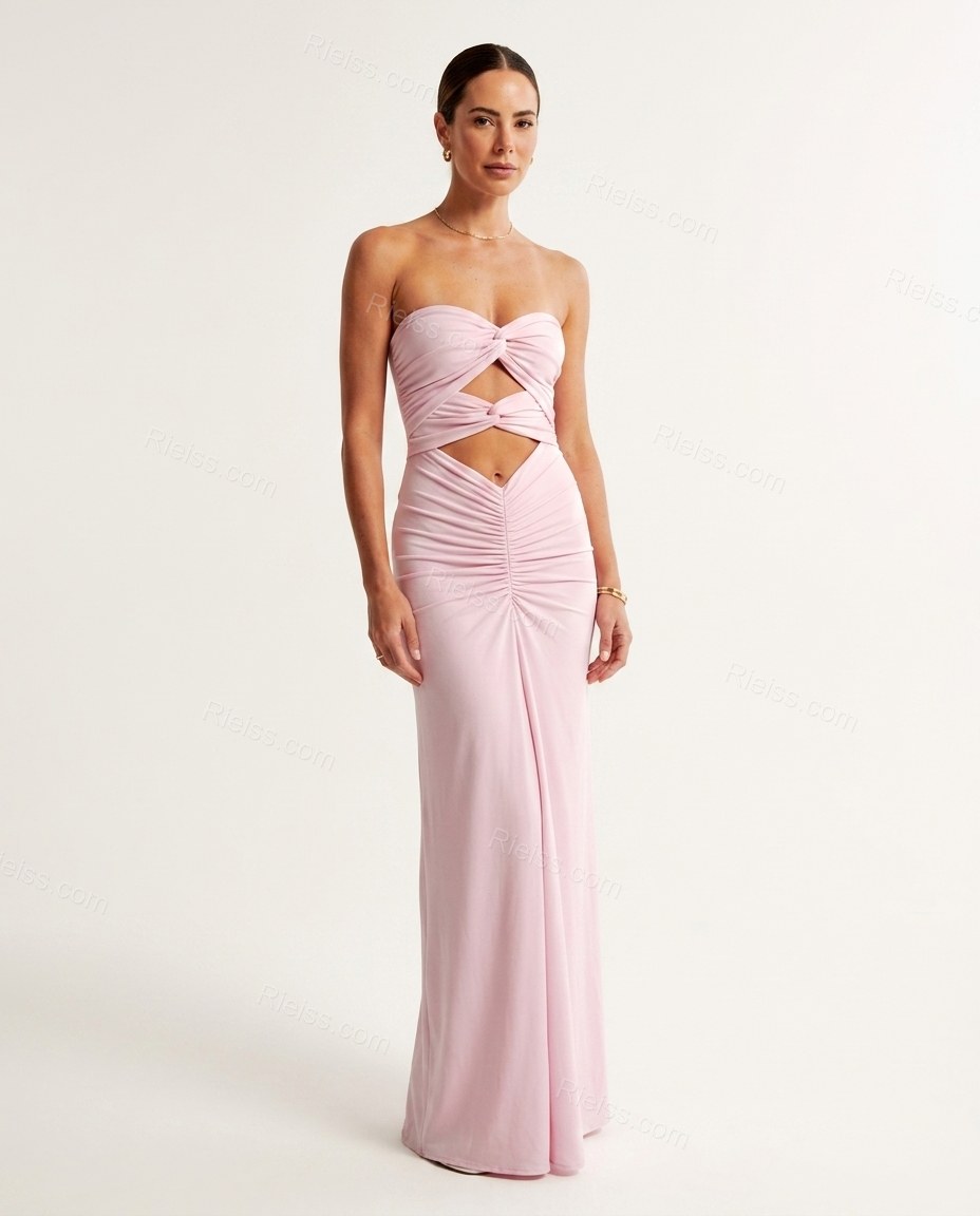 Pink Maxi Strapless Dress, front studio view, by Rieiss