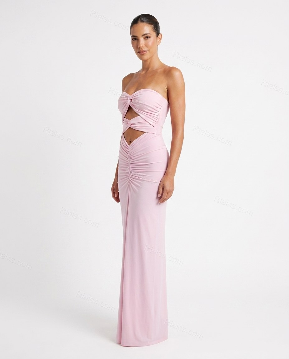 Pink Maxi Strapless Dress, side and back studio view, by Rieiss