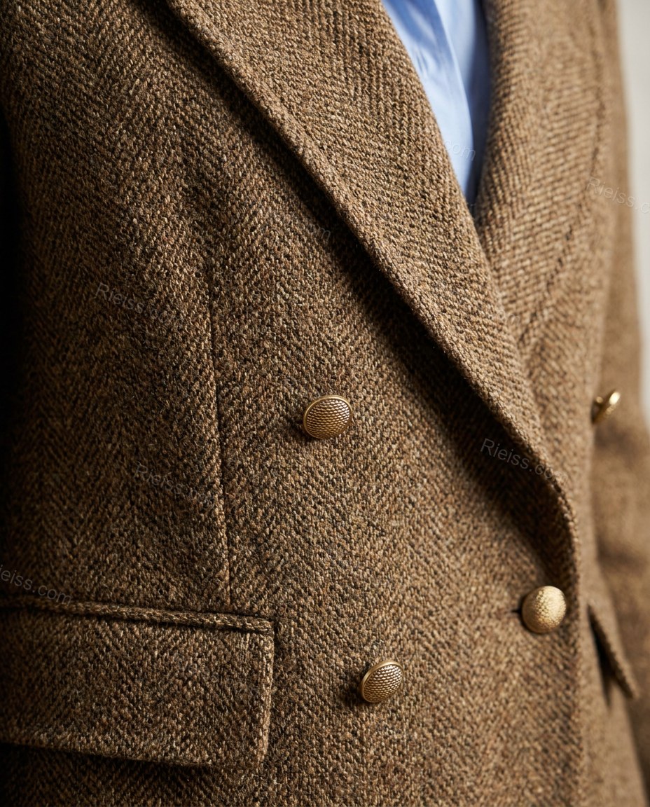Brown Blazer, close-up of double-breasted, front button closure and flap pockets, by Rieiss