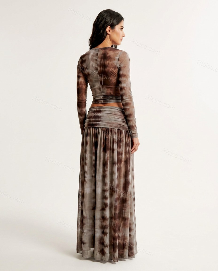 Brown Tie-Dye Maxi Top & Skirt Set, back studio view, by Rieiss