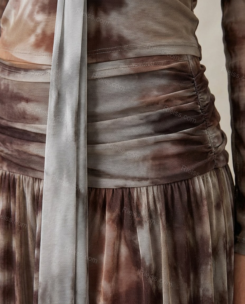 Brown Tie-Dye Maxi Top & Skirt Set, close-up of tie-dye, by Rieiss