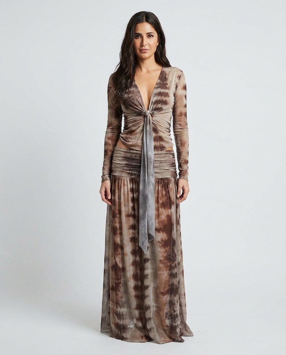 Brown Tie-Dye Maxi Top & Skirt Set, front studio view, by Rieiss
