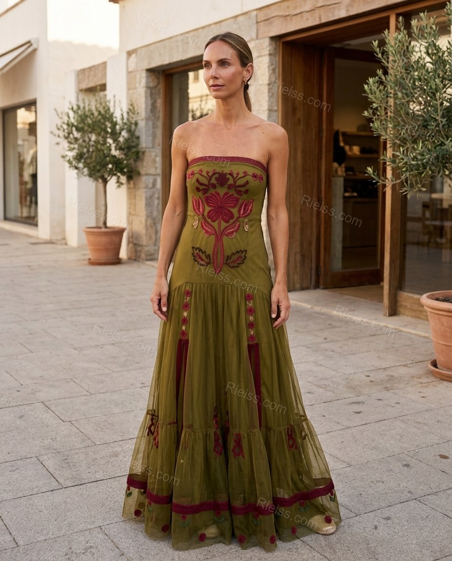 Olive Green Floral Maxi Strapless Dress, alternate use-case lifestyle view, by Rieiss
