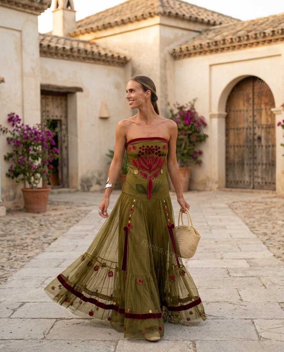 Olive Green Floral Maxi Strapless Dress, movement and fit lifestyle view, by Rieiss