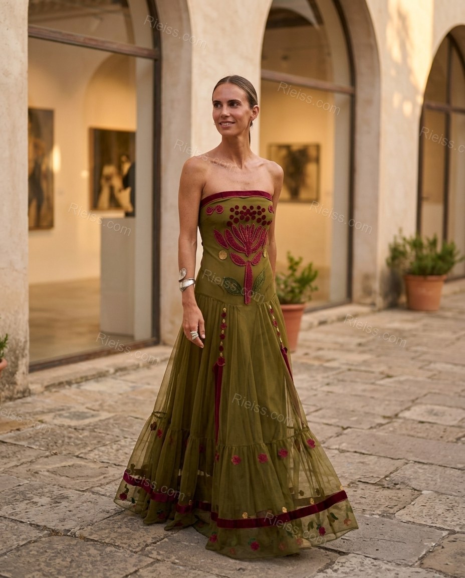Olive Green Floral Maxi Strapless Dress, three-quarter brand lifestyle view, by Rieiss