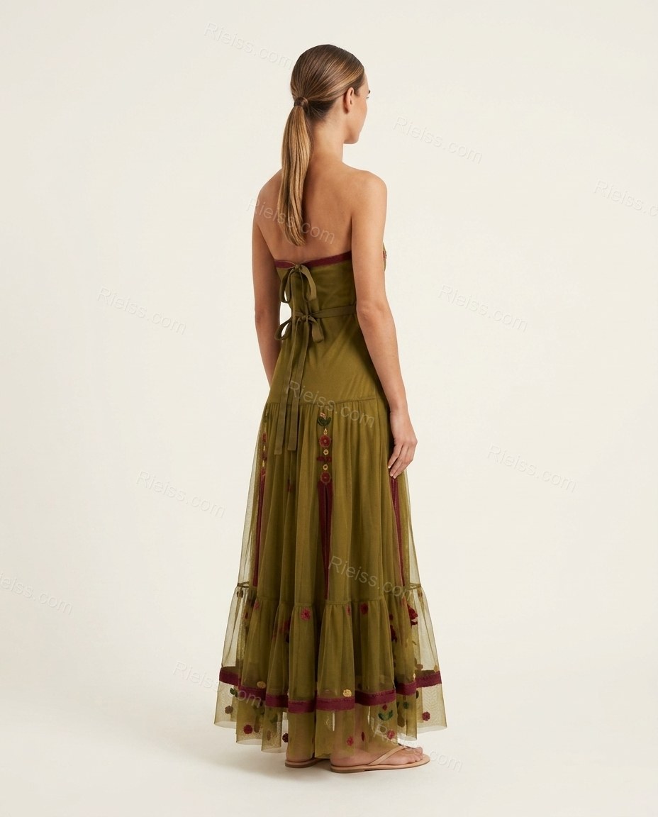 Olive Green Floral Maxi Strapless Dress, back studio view showing features a tie-back closure at the bodice, by Rieiss