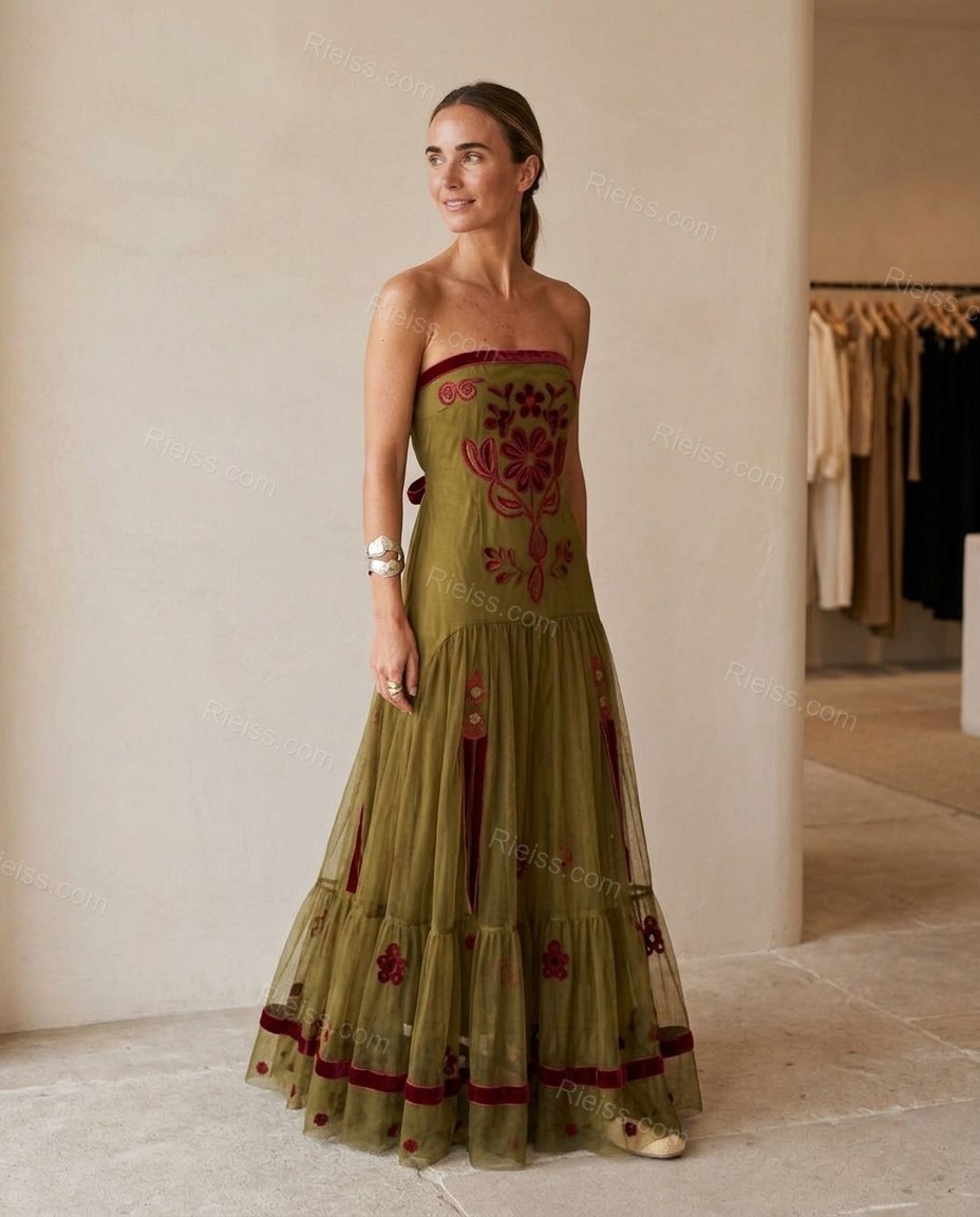 Olive Green Floral Maxi Strapless Dress, full-length hero view, by Rieiss