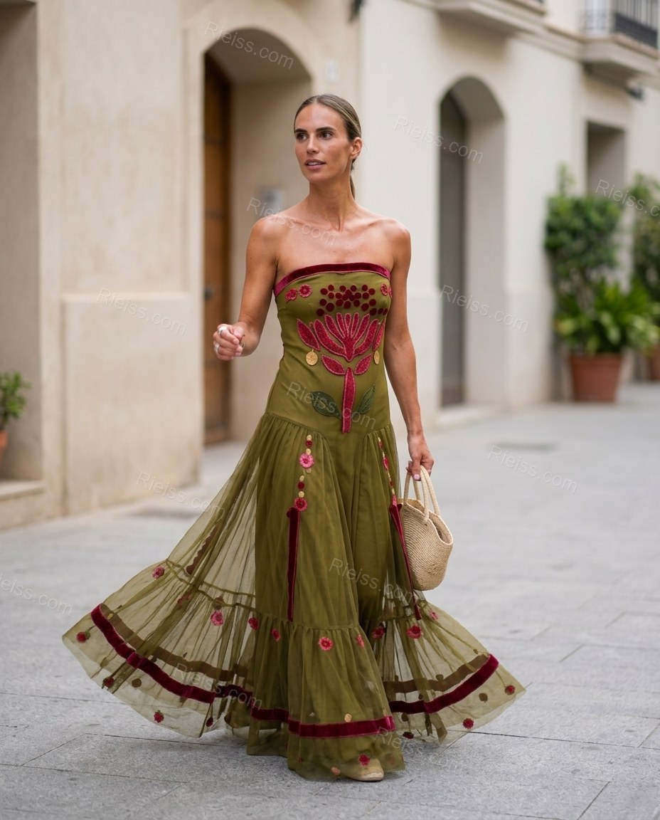 Olive Green Floral Maxi Strapless Dress, walking lifestyle view, by Rieiss