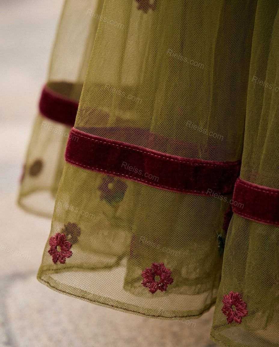 Olive Green Floral Maxi Strapless Dress, close-up of floral embroidery, by Rieiss