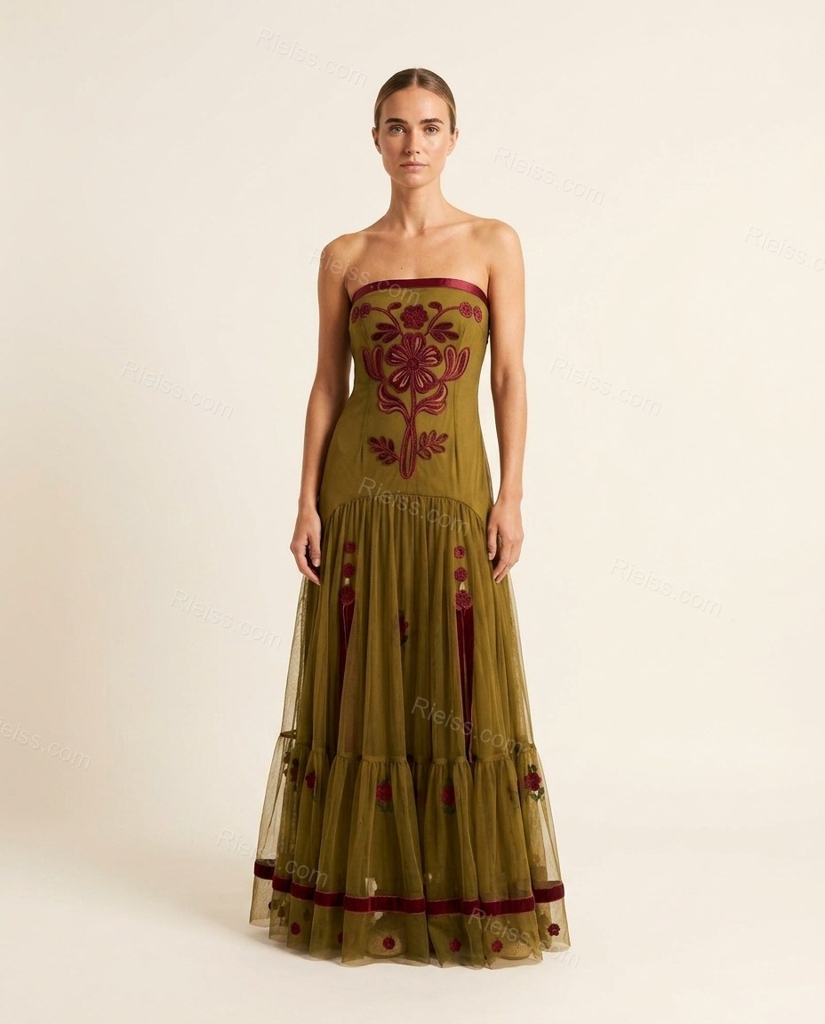 Olive Green Floral Maxi Strapless Dress, front studio view, by Rieiss