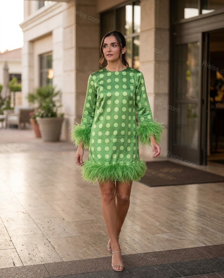 Green Polka Dot Mini Feather-Trim Dress, three-quarter brand lifestyle view, by Rieiss