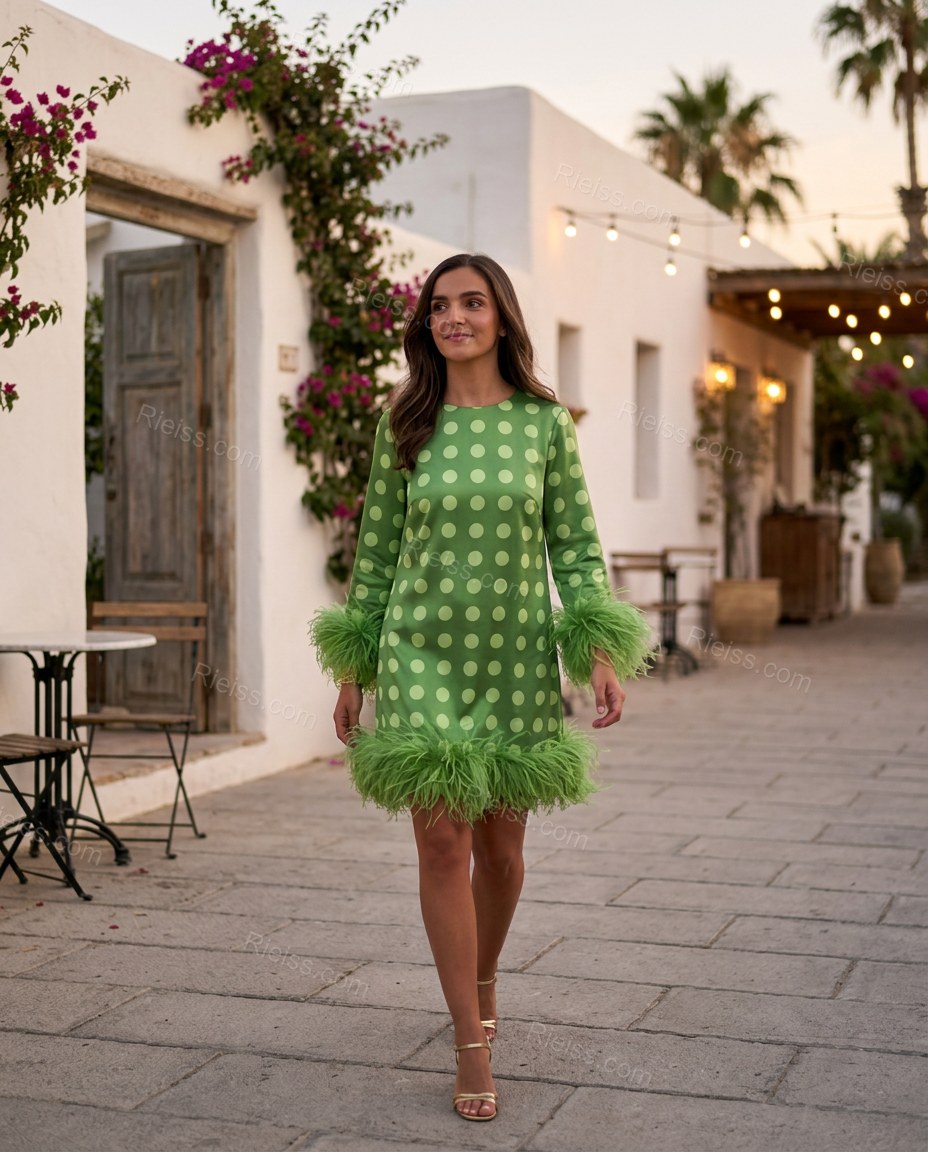 Green Polka Dot Mini Feather-Trim Dress, movement and fit lifestyle view, by Rieiss
