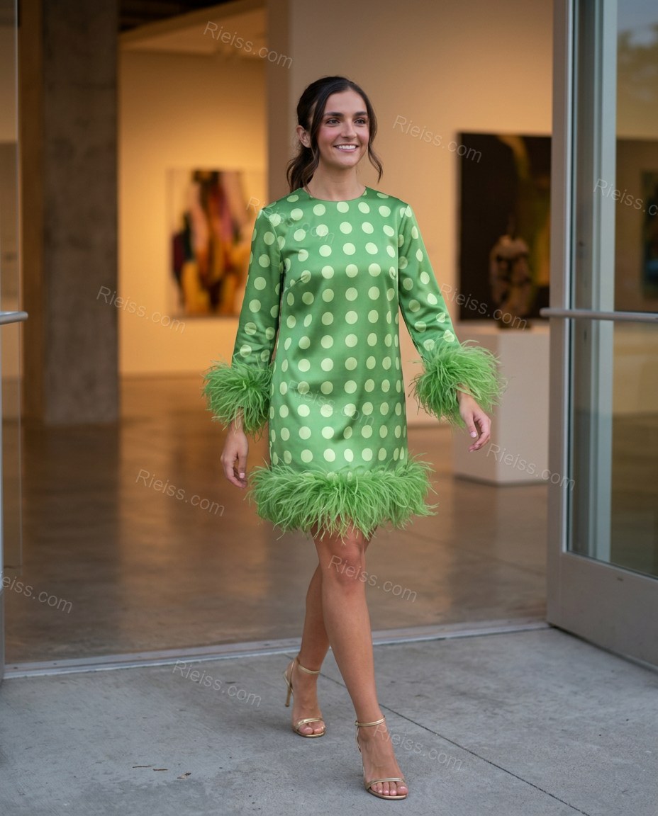 Green Polka Dot Mini Feather-Trim Dress, walking lifestyle view, by Rieiss