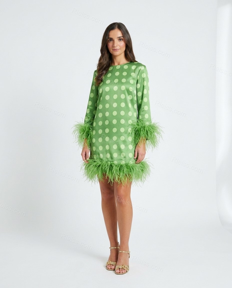 Green Polka Dot Mini Feather-Trim Dress, front studio view, by Rieiss