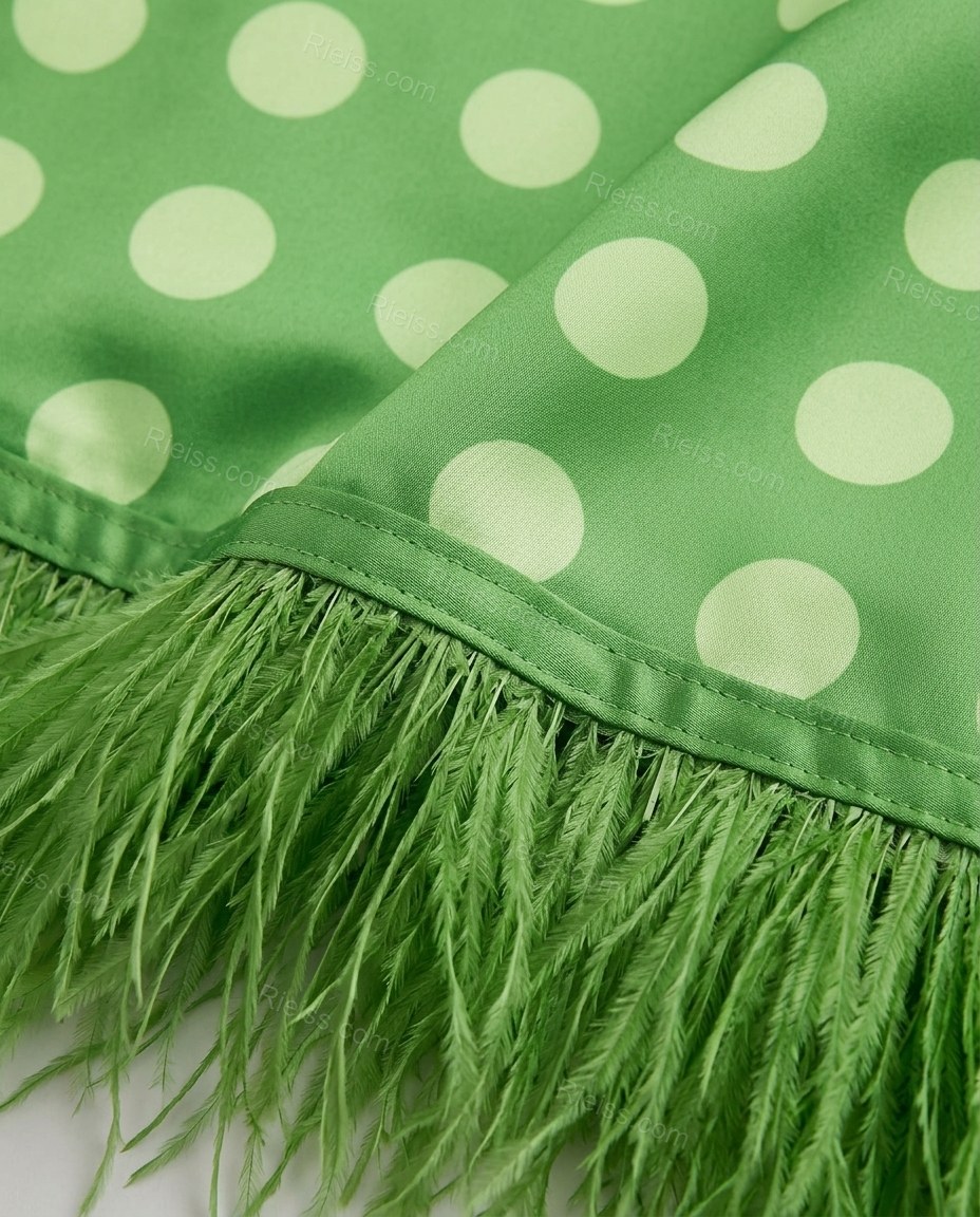Green Polka Dot Mini Feather-Trim Dress, close-up of polka dot, by Rieiss