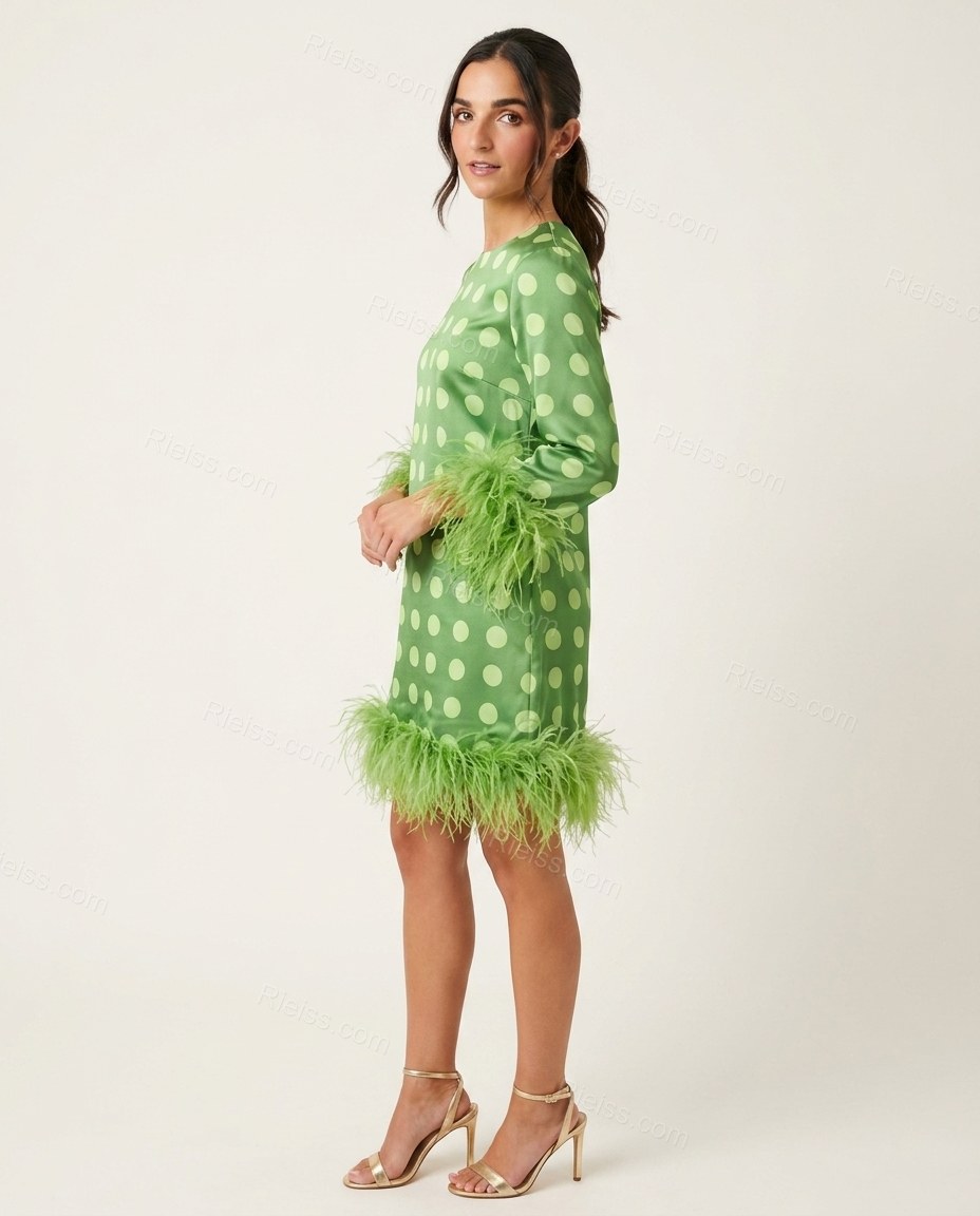 Green Polka Dot Mini Feather-Trim Dress, side and back studio view, by Rieiss