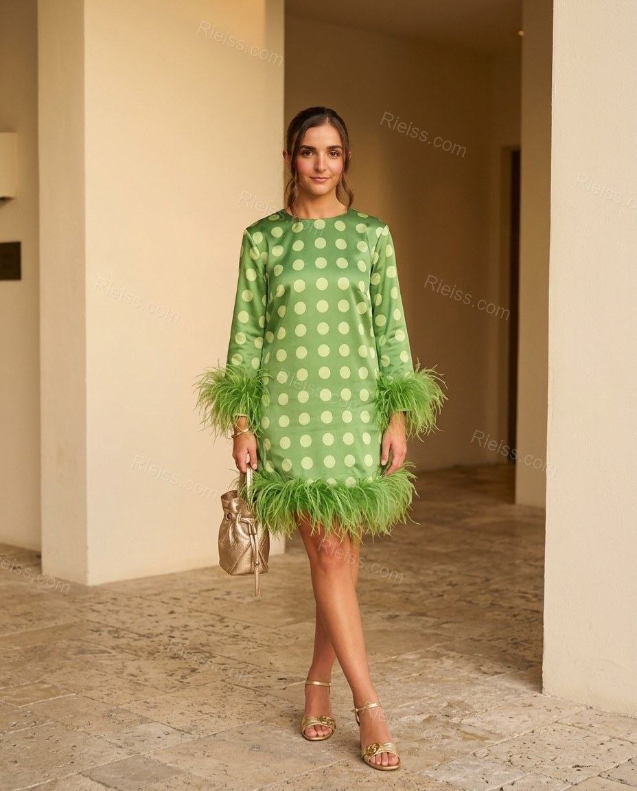 Green Polka Dot Mini Feather-Trim Dress, full-length hero view, by Rieiss