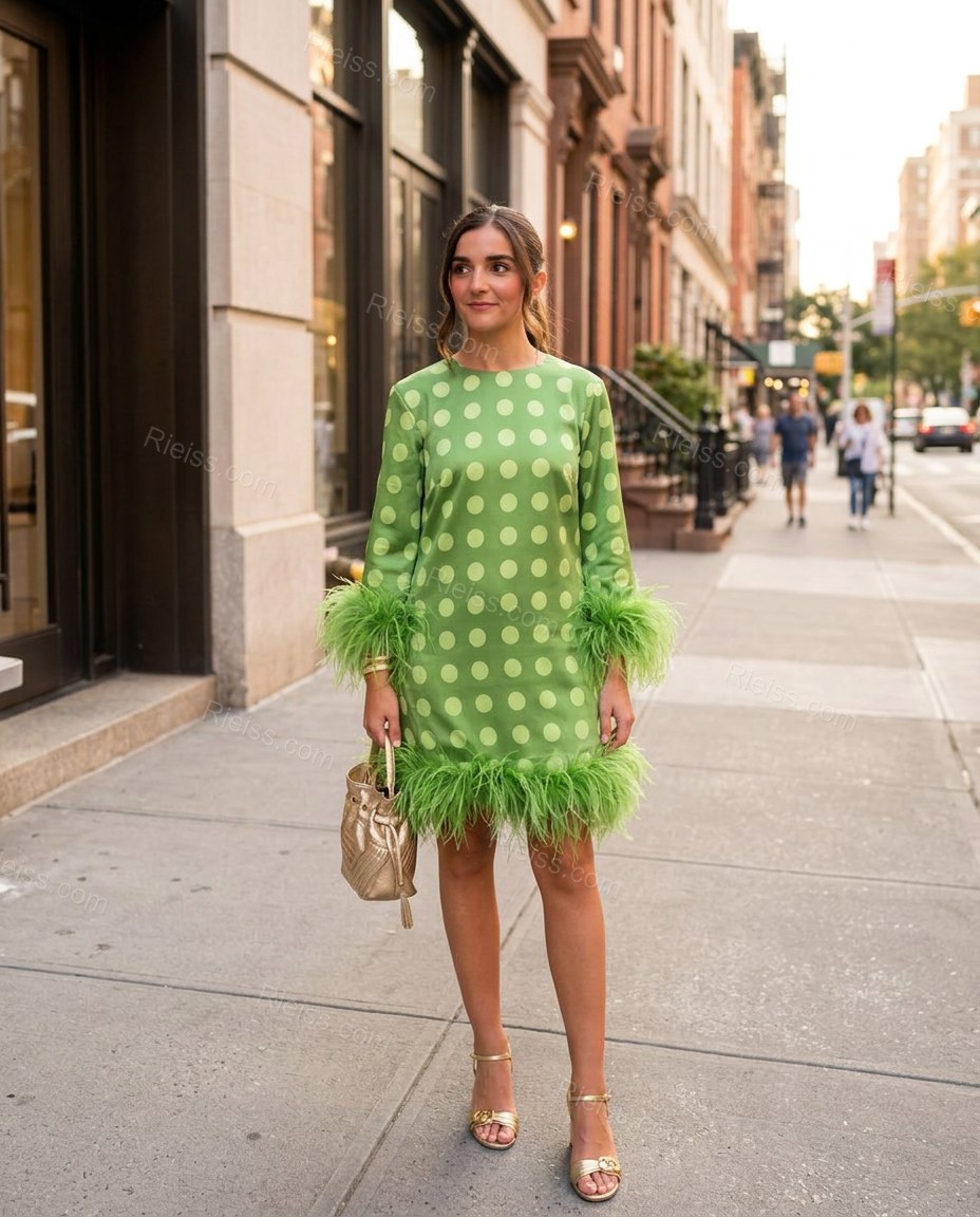 Green Polka Dot Mini Feather-Trim Dress, alternate use-case lifestyle view, by Rieiss