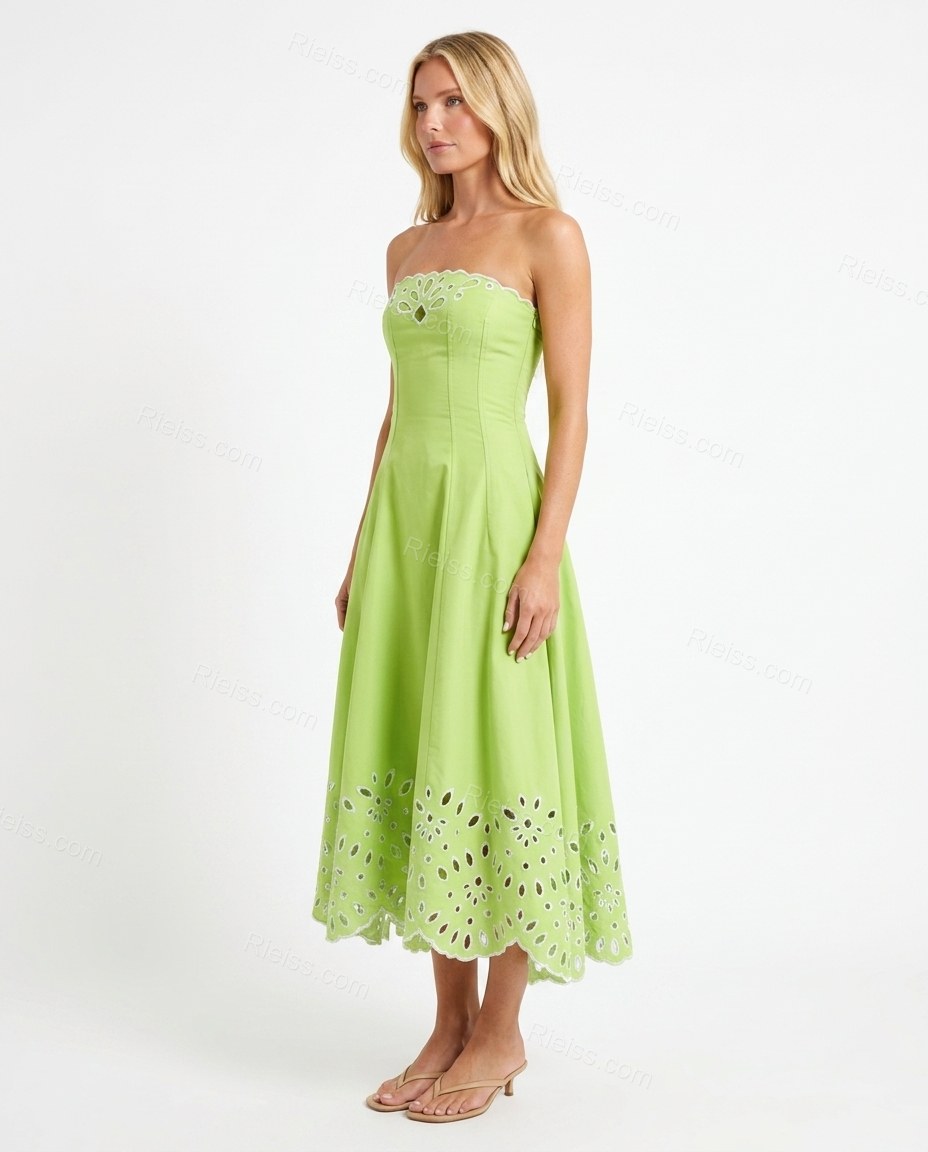 Lime Green Floral Midi Strapless Dress, side and back studio view, by Rieiss