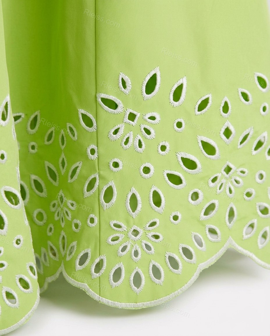 Lime Green Floral Midi Strapless Dress, close-up of floral, eyelet cutwork and scalloped hem, by Rieiss
