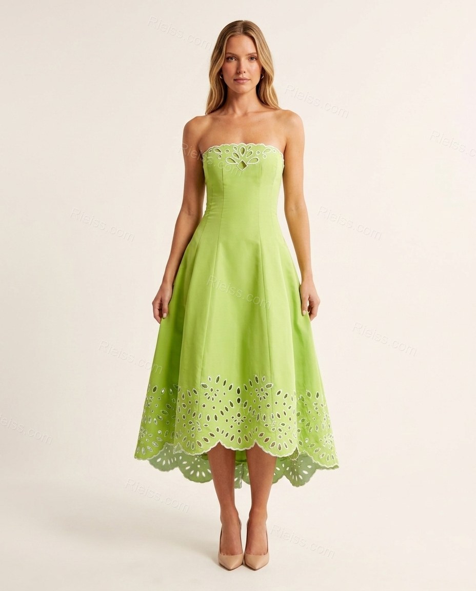 Lime Green Floral Midi Strapless Dress, front studio view, by Rieiss