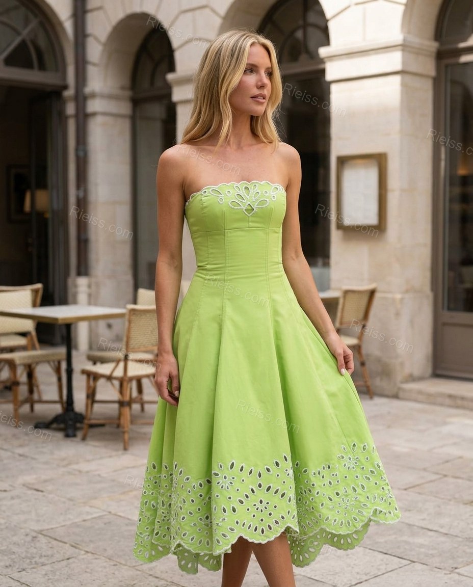 Lime Green Floral Midi Strapless Dress, alternate use-case lifestyle view, by Rieiss