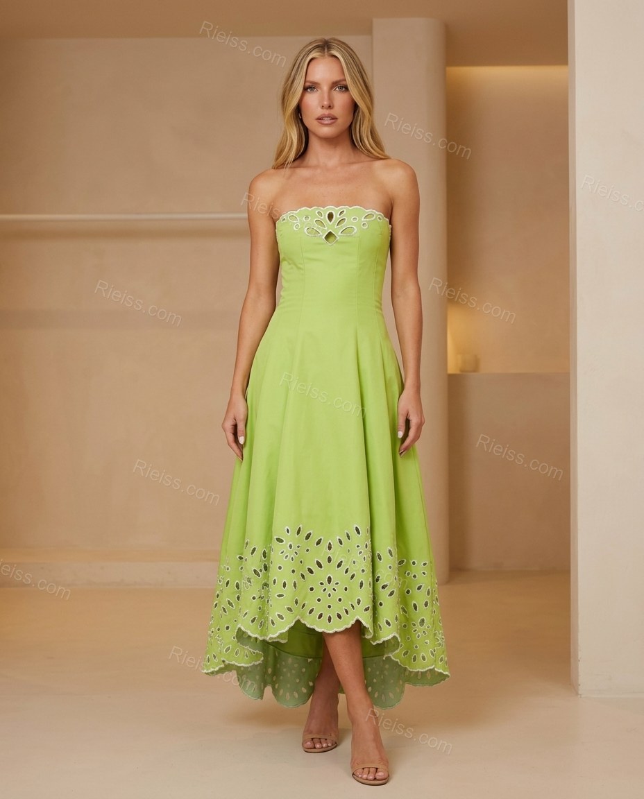 Lime Green Floral Midi Strapless Dress, full-length hero view, by Rieiss