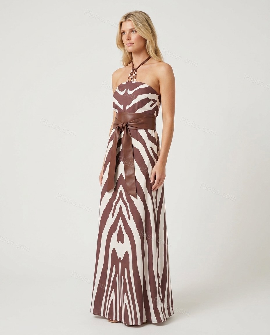 Brown Animal Print Maxi Halter Dress, side and back studio view, by Rieiss