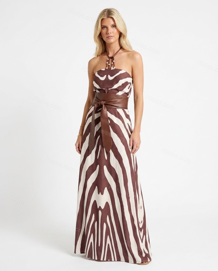 Brown Animal Print Maxi Halter Dress, front studio view, by Rieiss