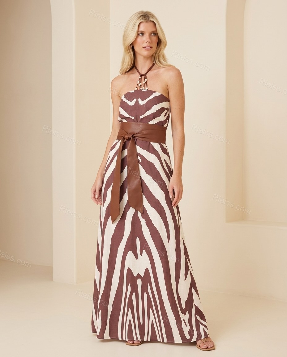 Brown Animal Print Maxi Halter Dress, full-length hero view, by Rieiss