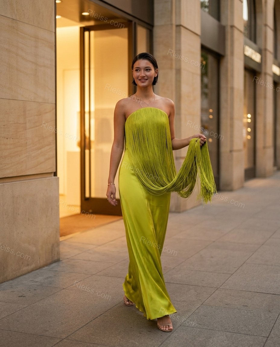 Chartreuse Maxi Strapless Fringe Dress, three-quarter brand lifestyle view, by Rieiss