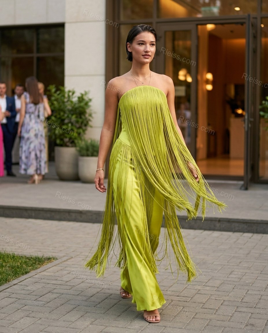 Chartreuse Maxi Strapless Fringe Dress, walking lifestyle view, by Rieiss
