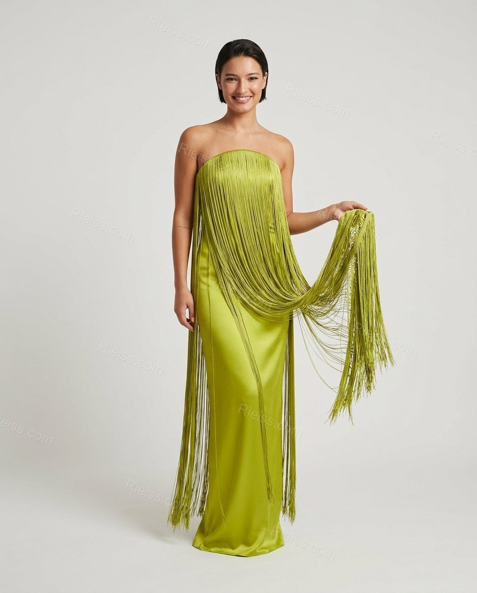 Chartreuse Maxi Strapless Fringe Dress, front studio view, by Rieiss