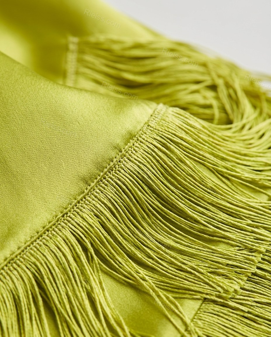 Chartreuse Maxi Strapless Fringe Dress, close-up of fringe overlay, strapless neckline and sleeveless, by Rieiss