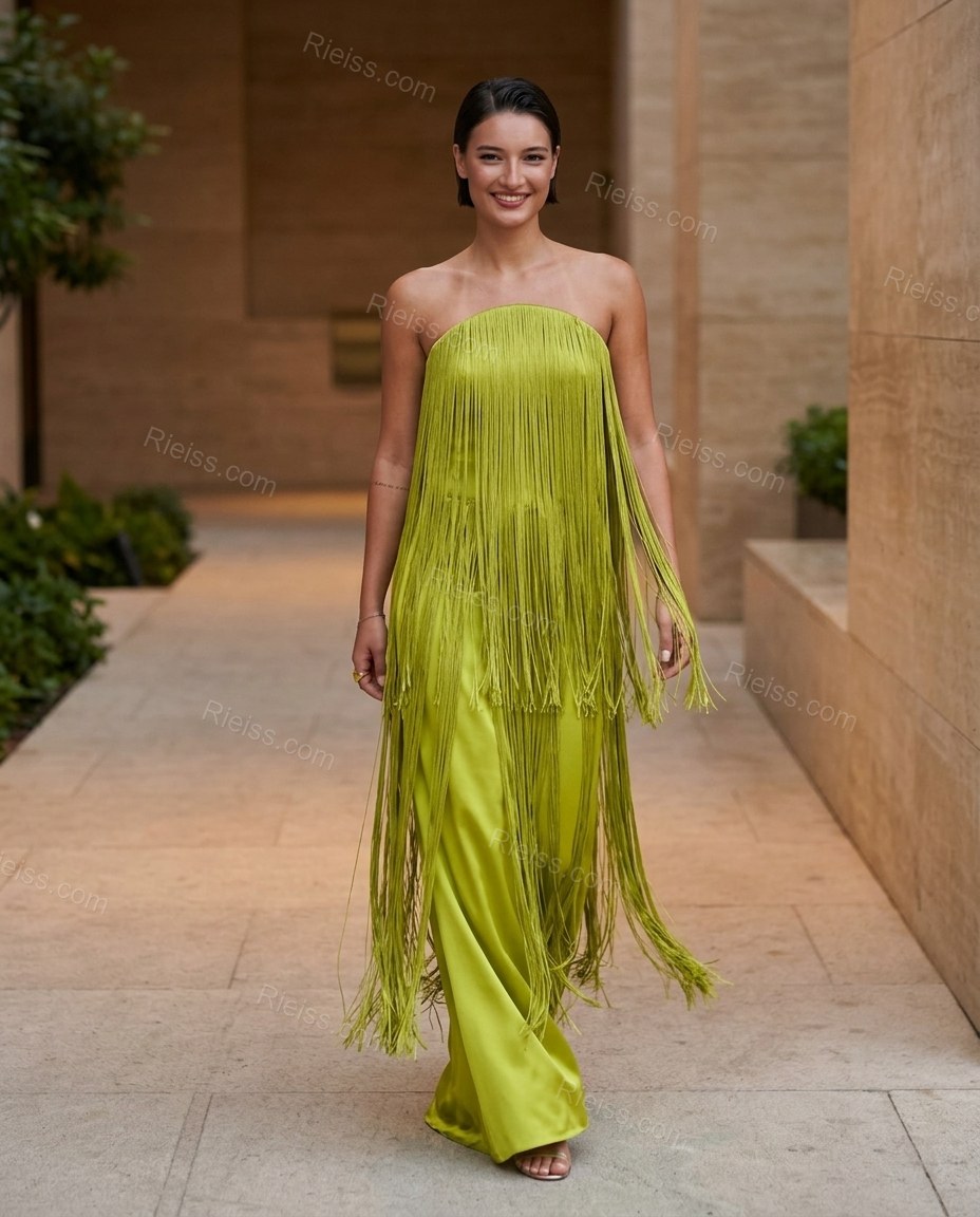Chartreuse Maxi Strapless Fringe Dress, full-length hero view, by Rieiss