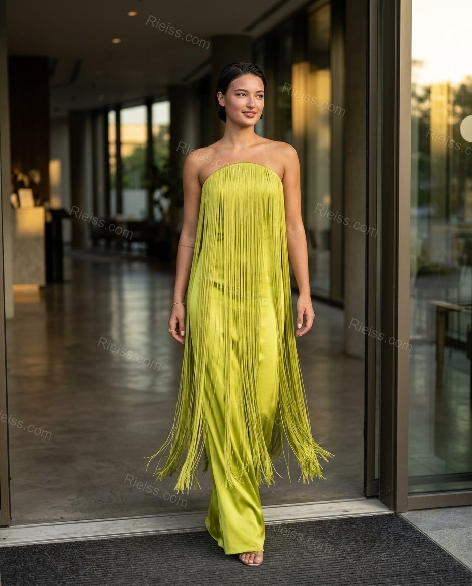 Chartreuse Maxi Strapless Fringe Dress, alternate use-case lifestyle view, by Rieiss