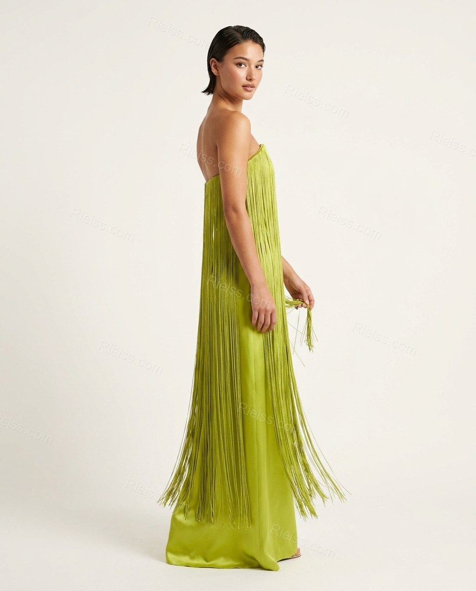 Chartreuse Maxi Strapless Fringe Dress, side and back studio view showing straight back silhouette with fringe coverage, by Rieiss