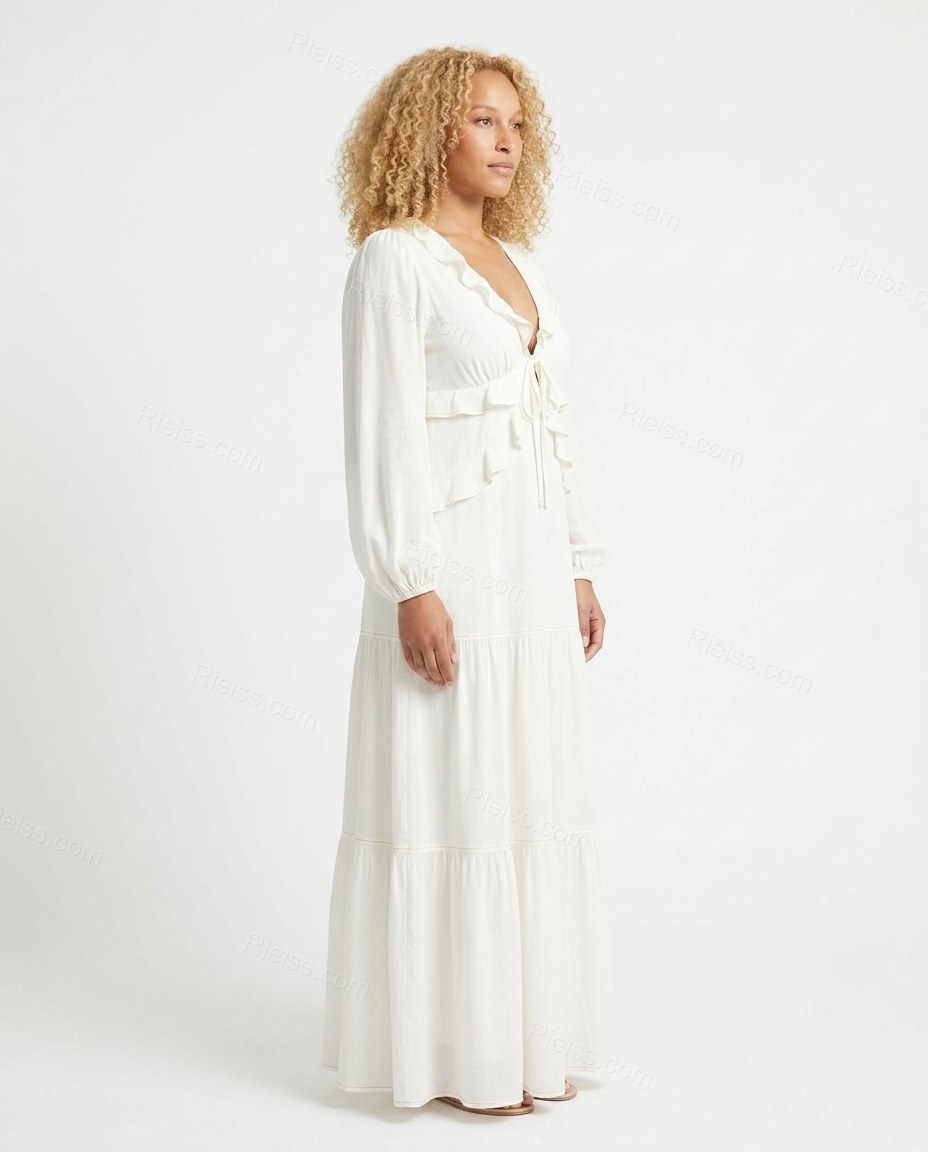 White Maxi Ruffled Tiered Dress, side and back studio view, by Rieiss