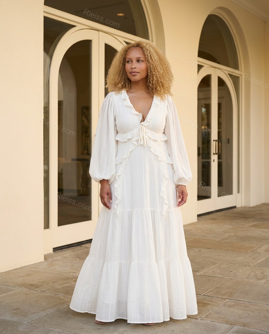 White Maxi Ruffled Tiered Dress, full-length hero view, by Rieiss