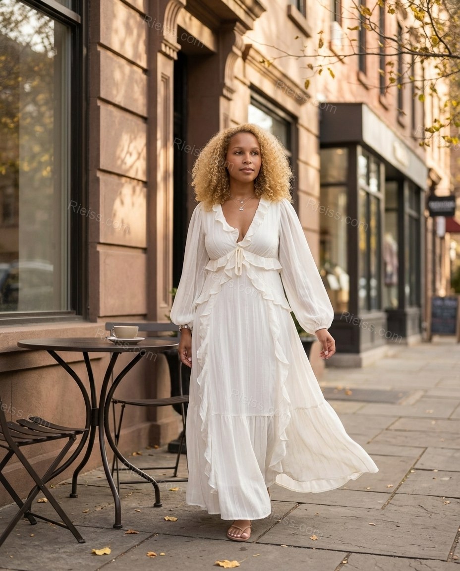 White Maxi Ruffled Tiered Dress, alternate use-case lifestyle view, by Rieiss
