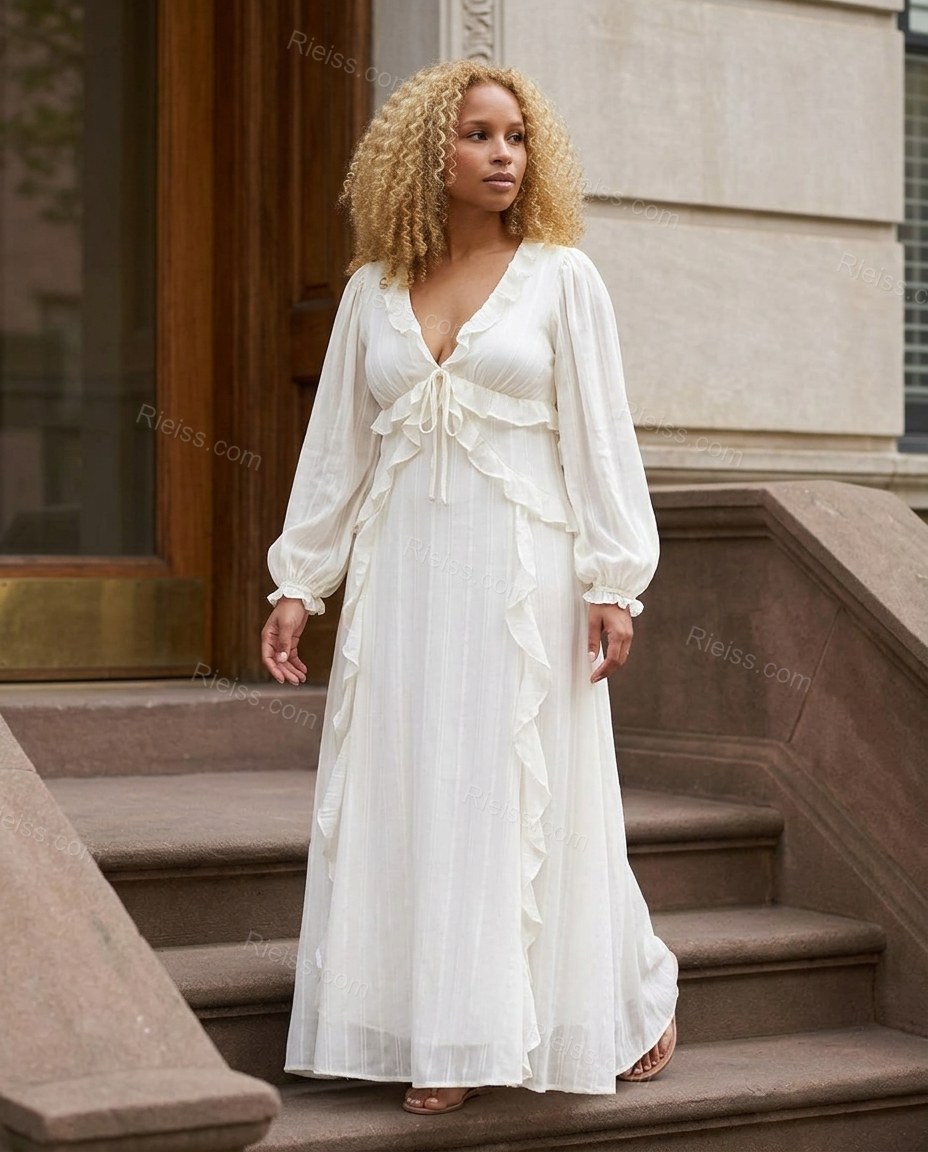 White Maxi Ruffled Tiered Dress, three-quarter brand lifestyle view, by Rieiss